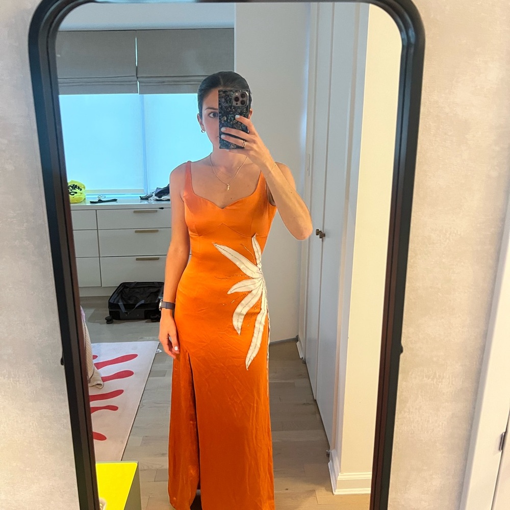 Vintage Silk Orange Maxi Dress with Silver Detail